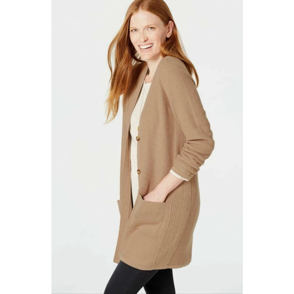J.Jill Oversized Cozy Waffle Knit Cardigan Preppy Large Petite Tan